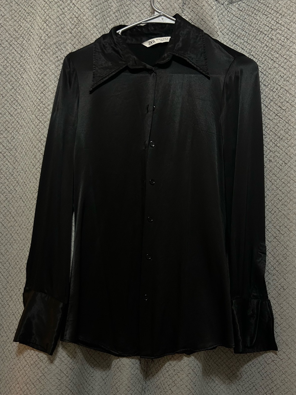 Zara Black Satin Long Sleeve Button-Down Shirt with Pointed Collar